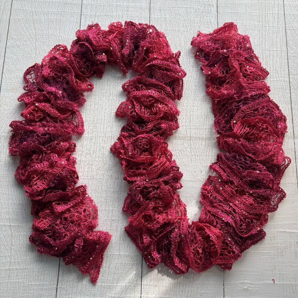 Homemade Crocheted Purple and Pink Ruffle Scarf with Gold Sequin Accents